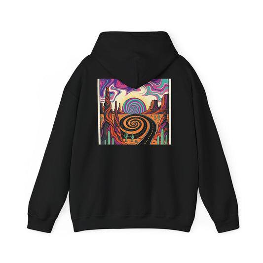 Psychedelic Desert Spiral Hoodie in black, back view with psychedelic spiral desert print