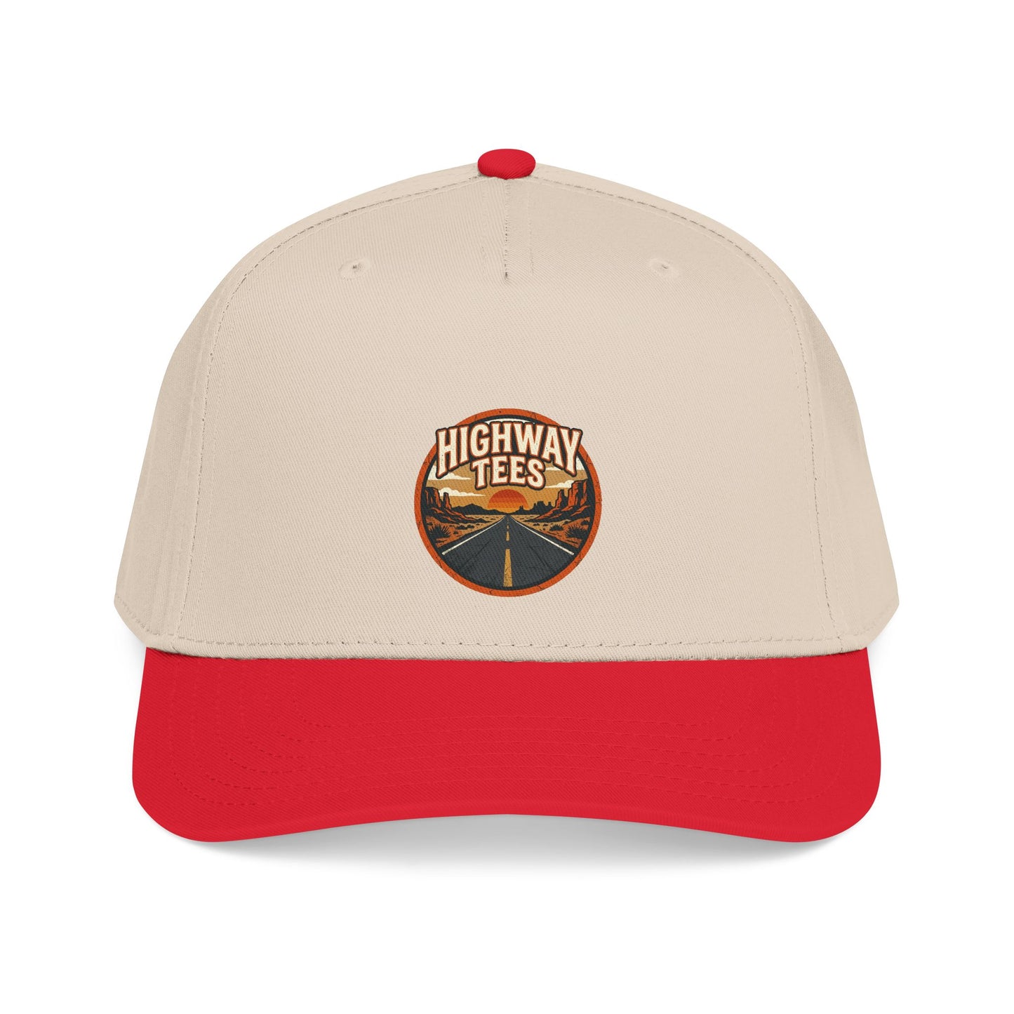 Vintage Road Patch Baseball Cap in red and natural, embroidered Highway Tees road patch on front