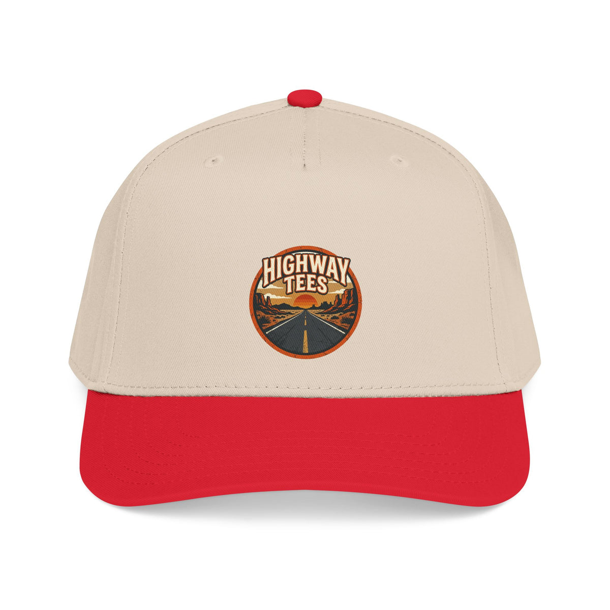 Vintage Road Patch Baseball Cap in red and natural, embroidered Highway Tees road patch on front