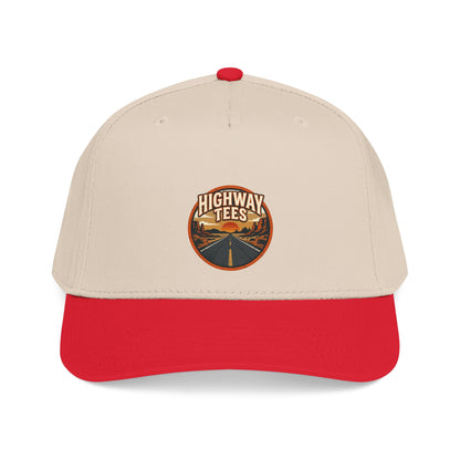 Vintage Road Patch Baseball Cap in red and natural, embroidered Highway Tees road patch on front