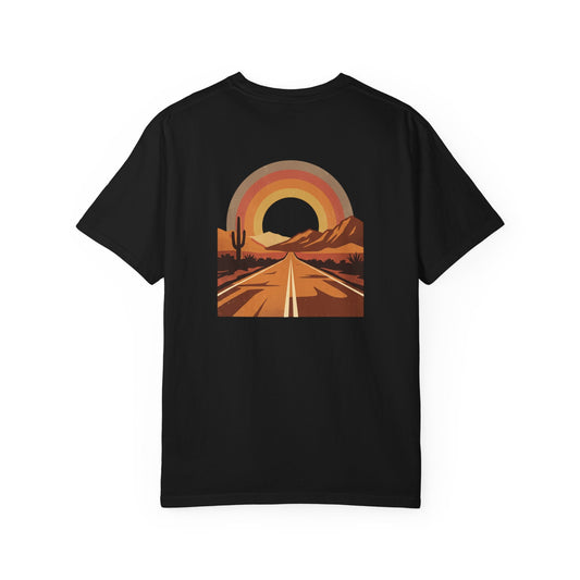 Vintage Sunset Highway T-Shirt front view, black, retro sunset over open road graphic