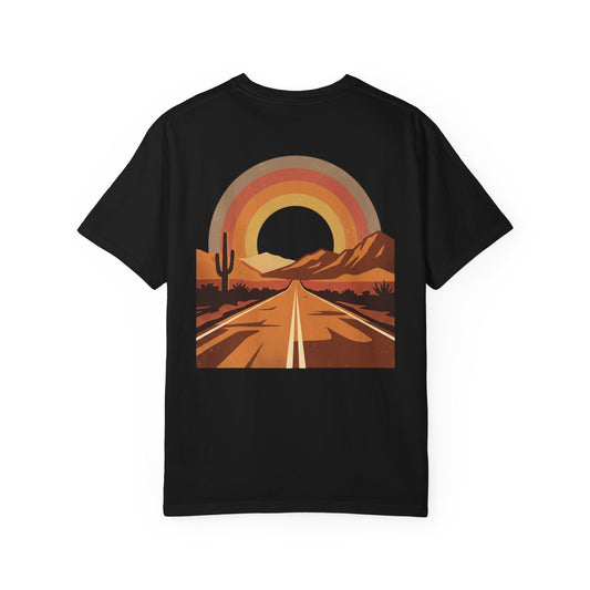 Vintage Sunset Highway T-Shirt in black, back view with retro sunset arch over a desert highway